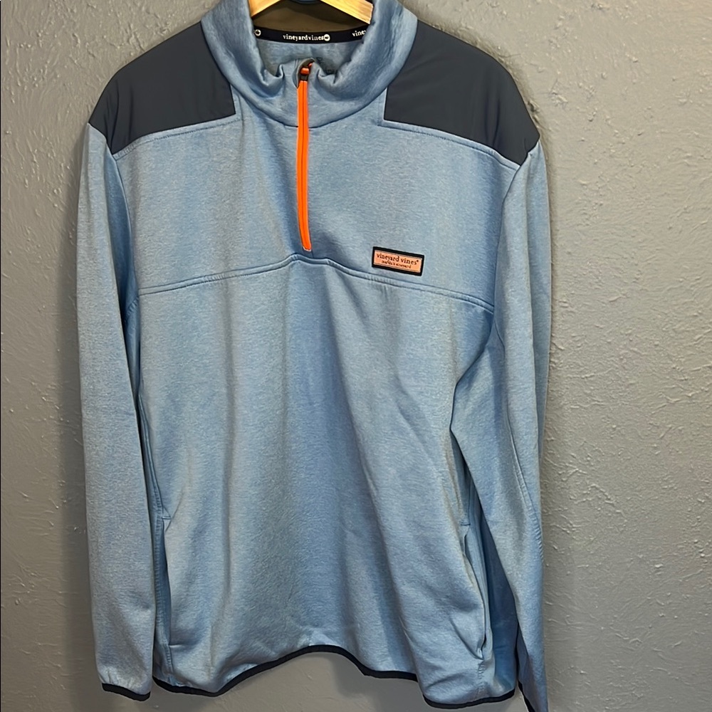 Light Blue Quarter-Zip Shep Shirt with Orange Accent